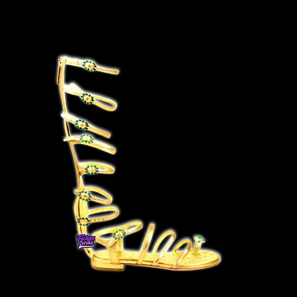 Chanel Leather Knee High Gripoix Embellished ‘CC’ Logo Gold Gladiator Sandals - Picture 10 of 12